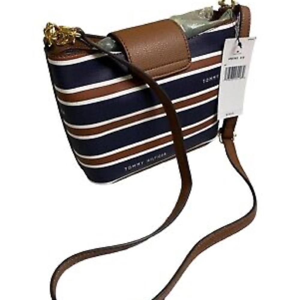 TOMMY HILFIGER Shoulder Bag In Blue/Brown Striped Faux Leather MSRP  $108/ NEW!